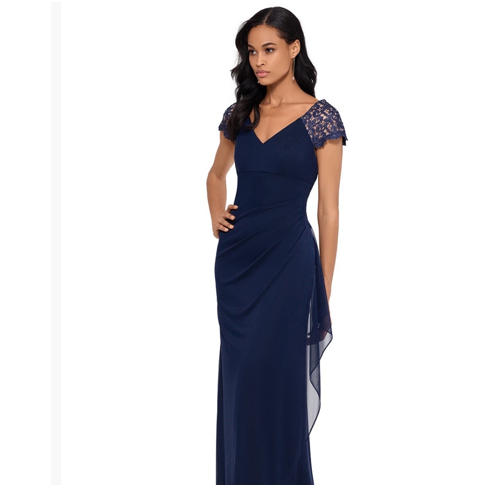 Xscape Navy Blue Maxi Dress with Lace Sleeves